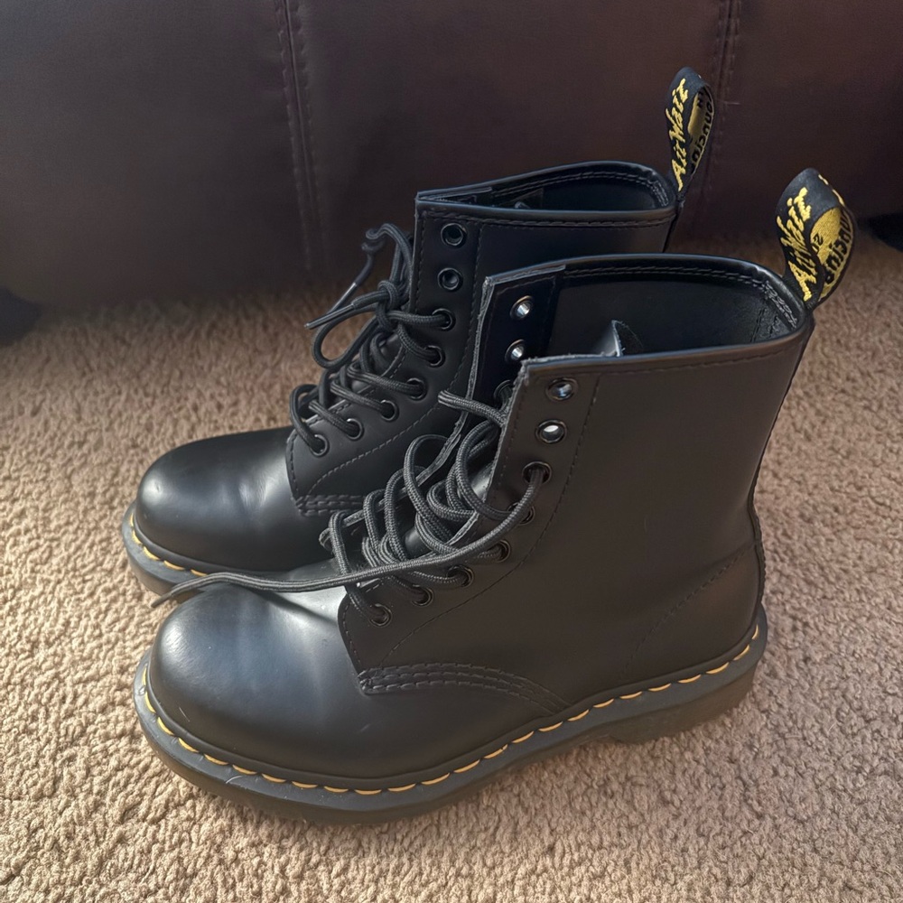 Dr. Martens Black Leather Boots with Yellow Stitching